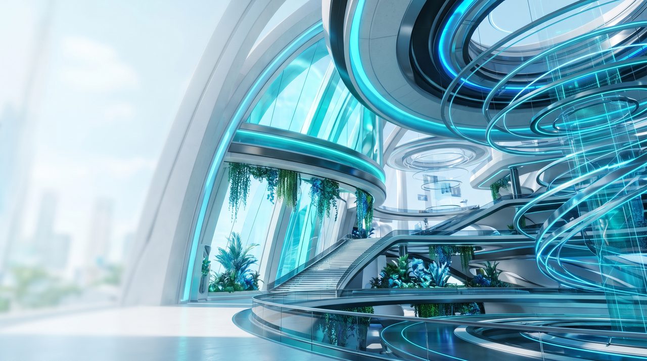 A bright, curved atrium with plants and glass walkways