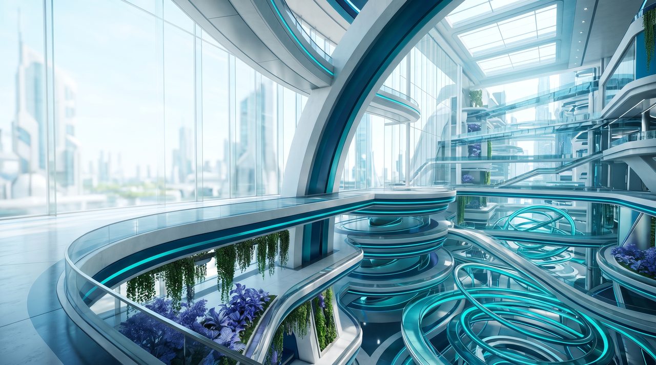 A bright atrium with layered walkways and planting