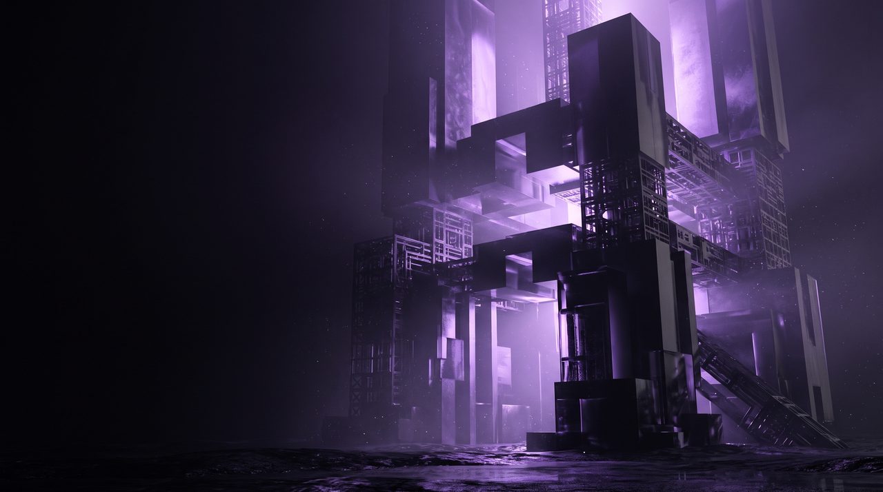 A tall violet-lit structure in a dark space