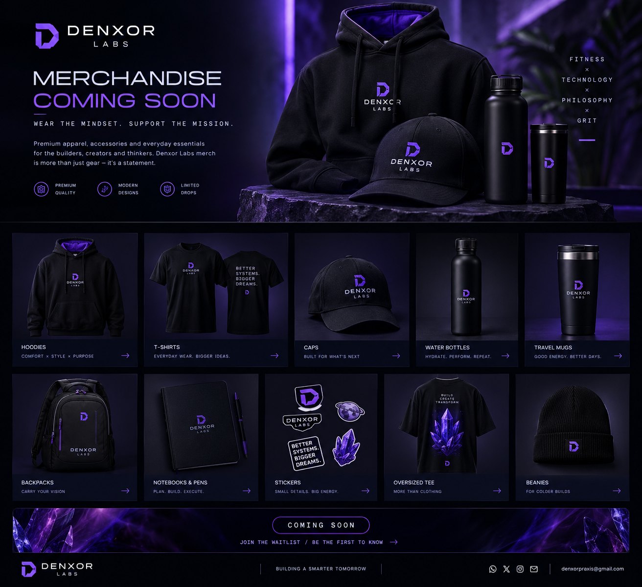 Concept board: Denxor hoodie, tees, cap, bottle, mug, backpack, notebook, stickers and beanie in black and violet