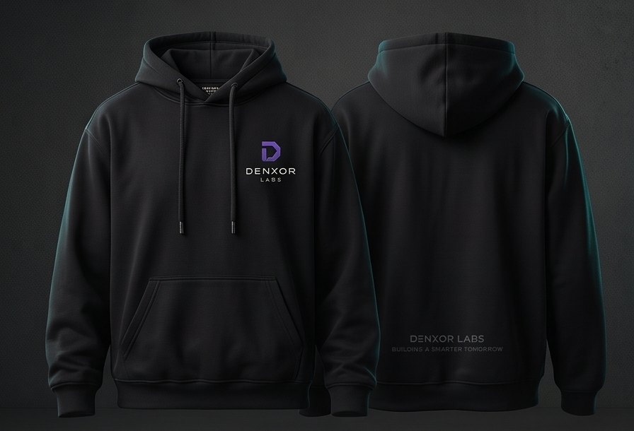 Concept mockup: black hoodie front and back, violet Denxor mark on the chest