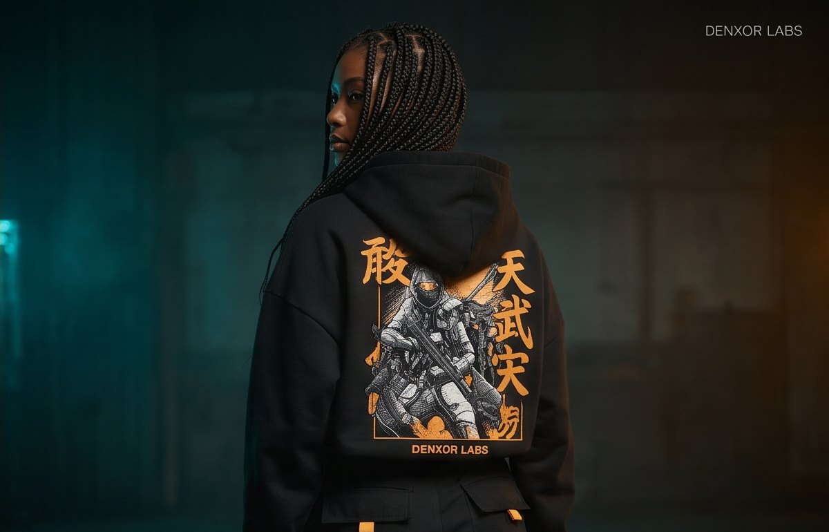 Campaign image: a woman seen from behind in a black hoodie with an amber illustrated back print