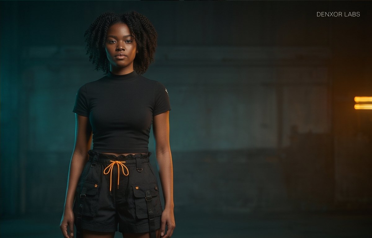Campaign image: a woman in a black fitted tee and black cargo shorts with orange drawcords