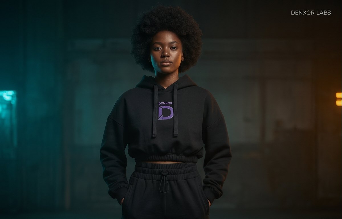 Campaign image: a woman in the black Core hoodie with a violet D mark and matching tapered sweatpants