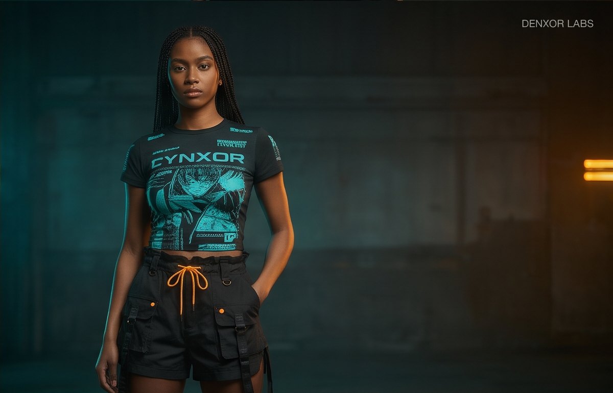 Campaign image: a woman in a teal-printed crop tee and black cargo shorts