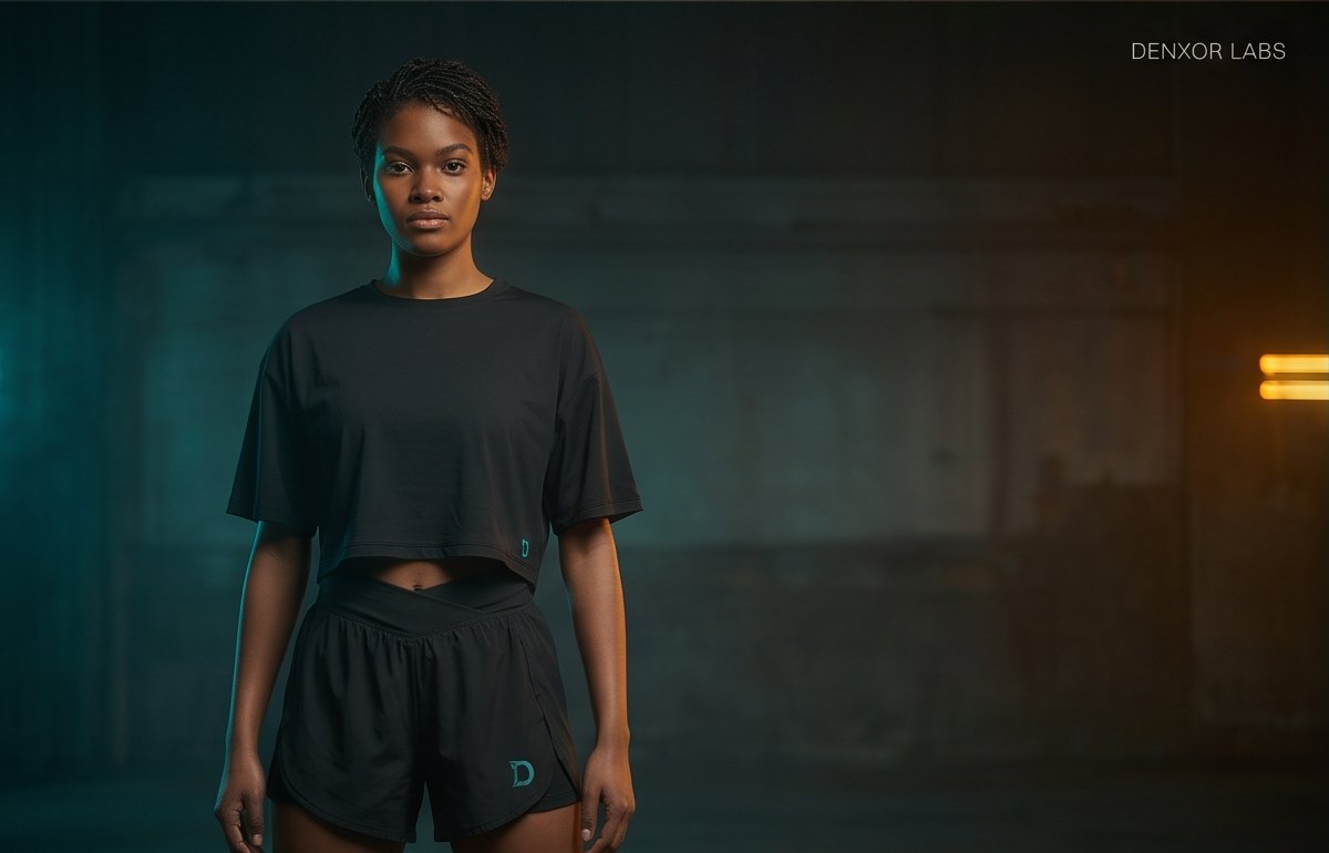 Campaign image: a woman in a black boxy crop tee and black performance shorts