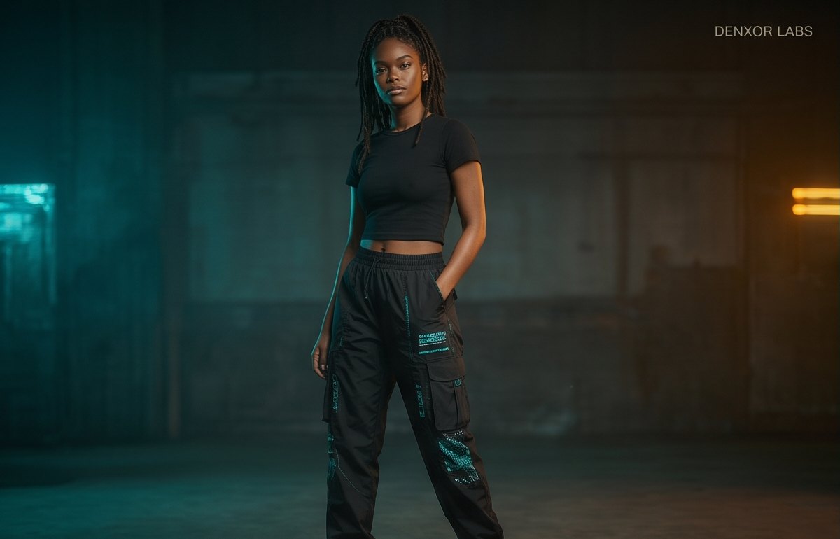 Campaign image: a woman in a black crop tee and black cargo joggers with teal print