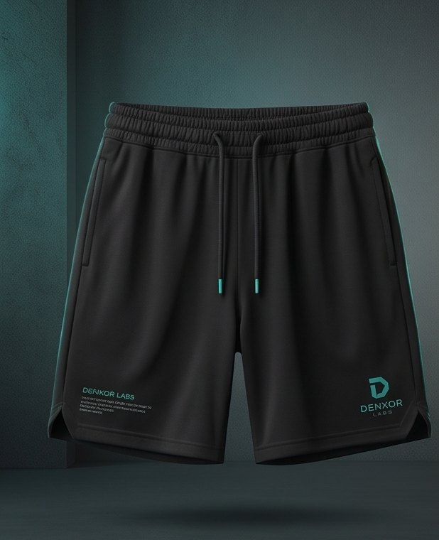 Concept mockup: black split-hem shorts with teal drawcord tips and a teal Denxor mark