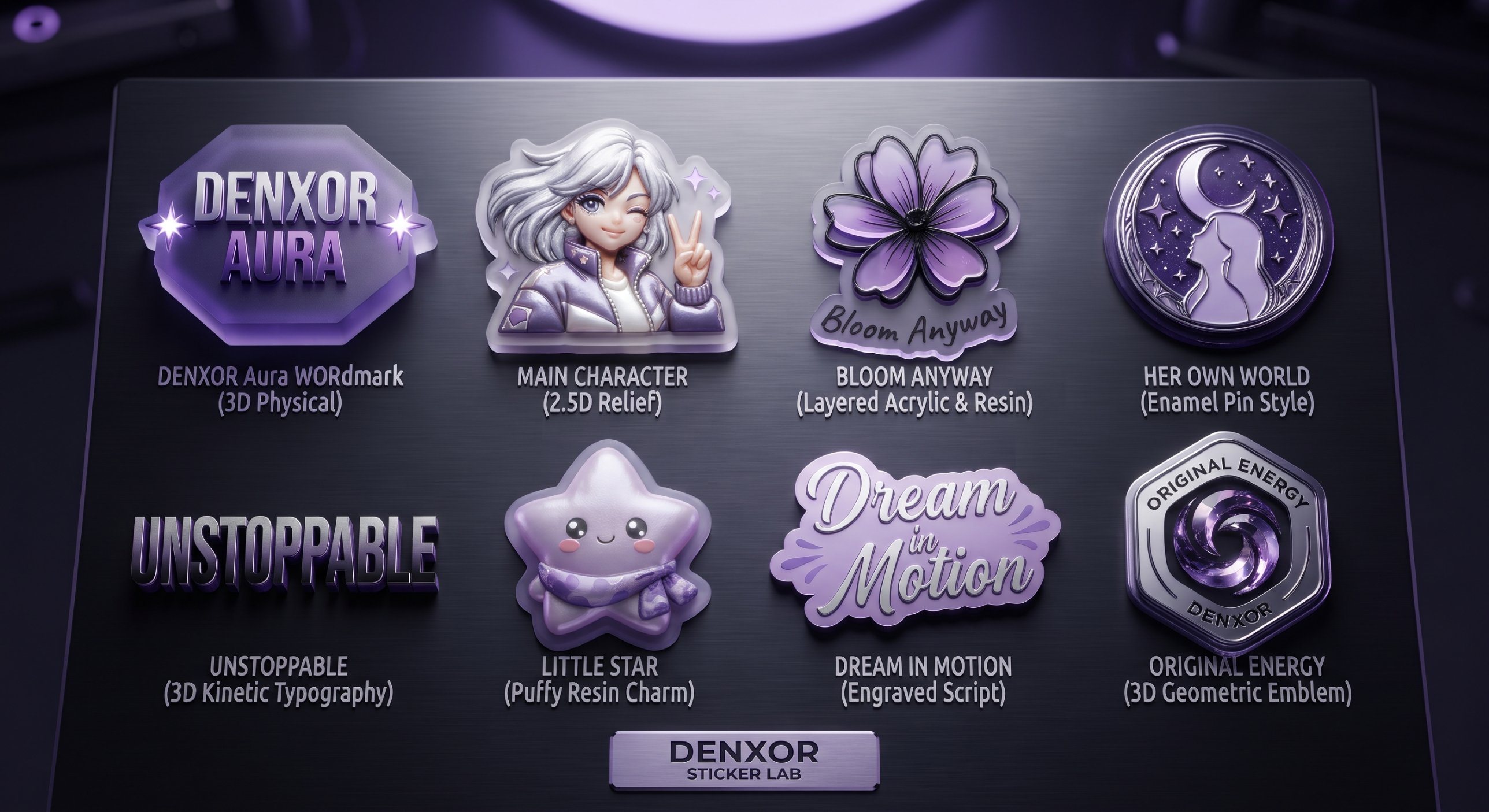 Concept board: eight lilac Denxor Aura stickers and charms, including Bloom Anyway, Little Star and Dream in Motion