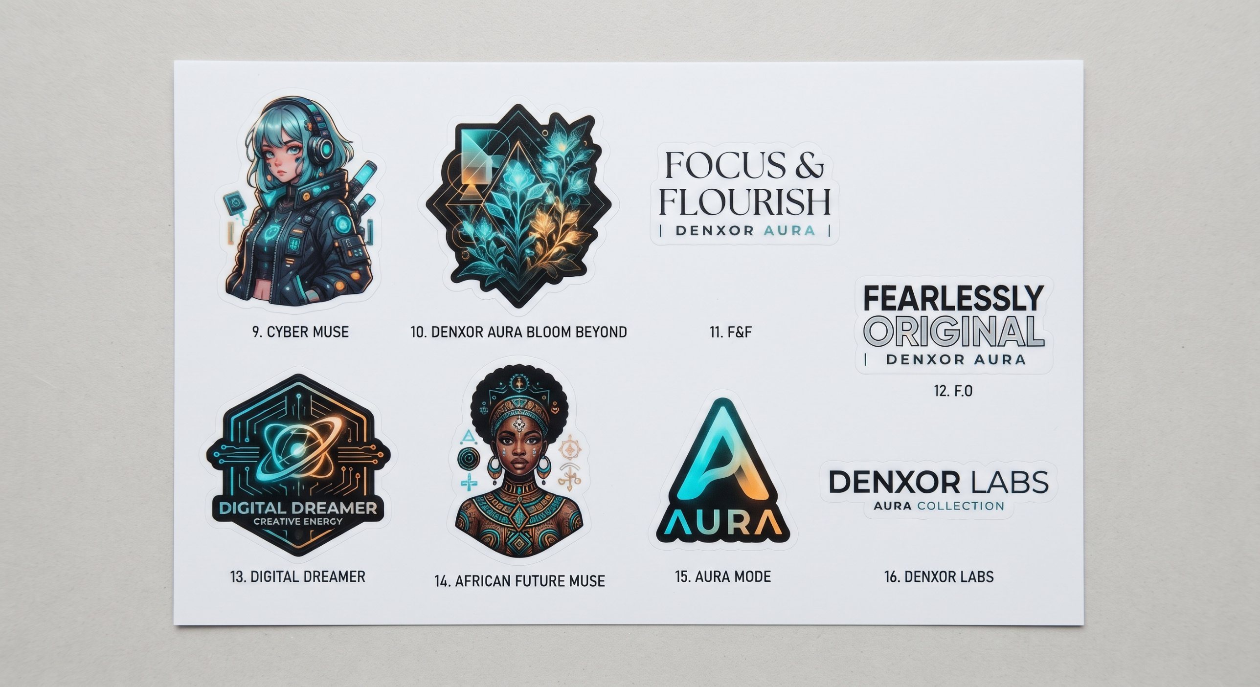 Concept sticker sheet: Cyber Muse, Bloom Beyond, Focus and Flourish, Fearlessly Original, Digital Dreamer, African Future Muse and Aura