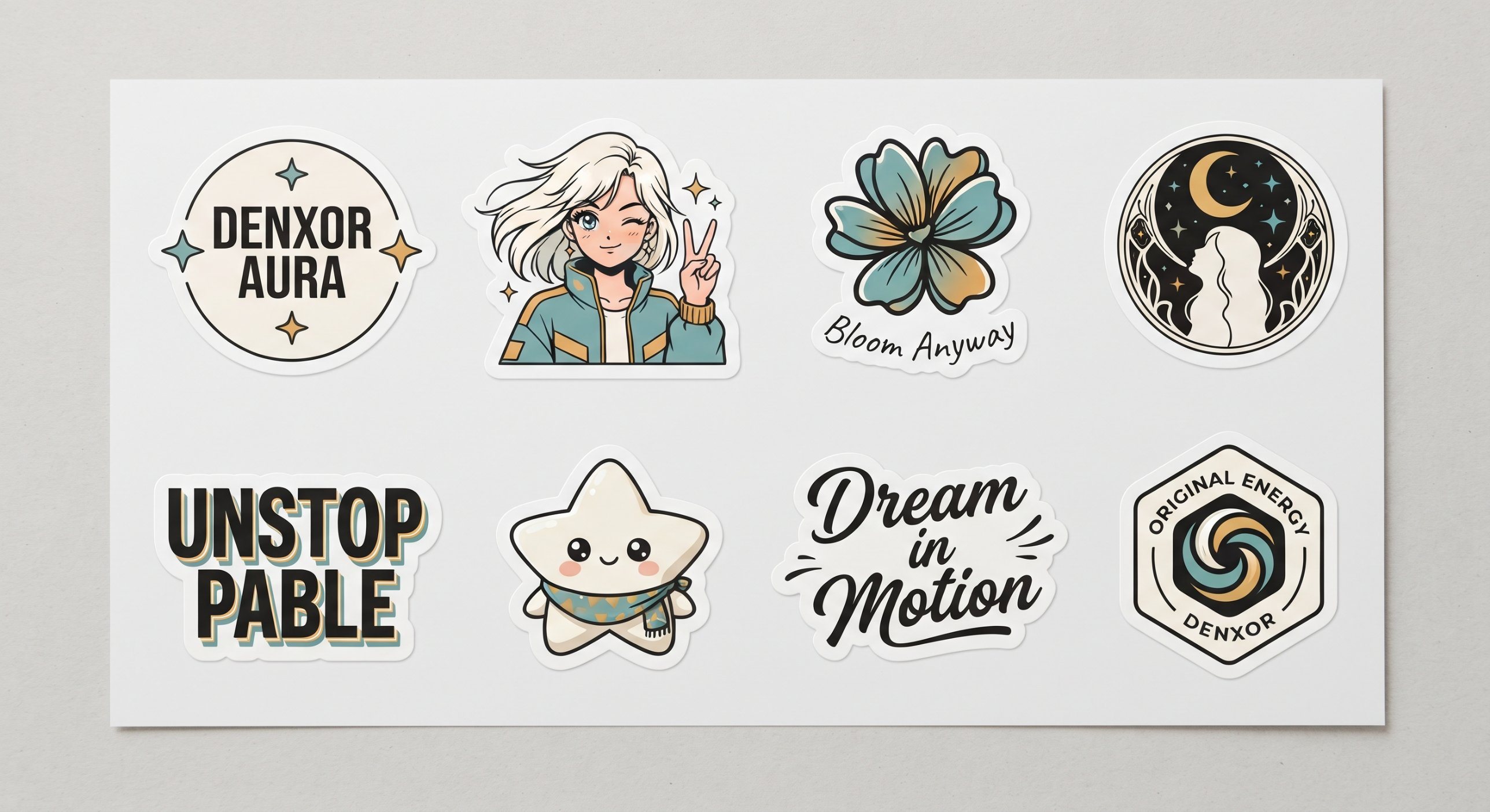 Concept sticker sheet: Denxor Aura, a girl making a peace sign, a flower, a moon silhouette, Unstoppable, a star and Dream in Motion
