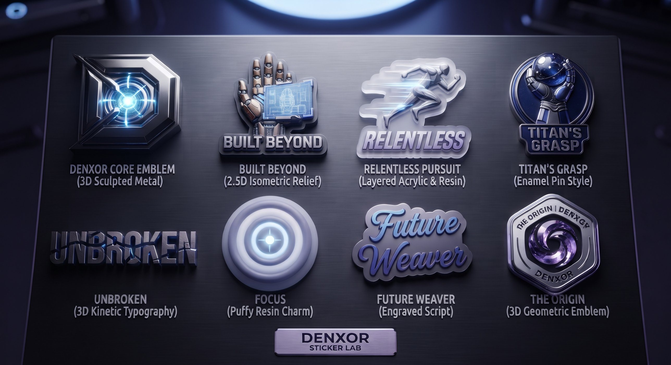 Concept board: eight Denxor stickers and charms, including a metal D emblem, Built Beyond, Relentless, Unbroken and Future Weaver