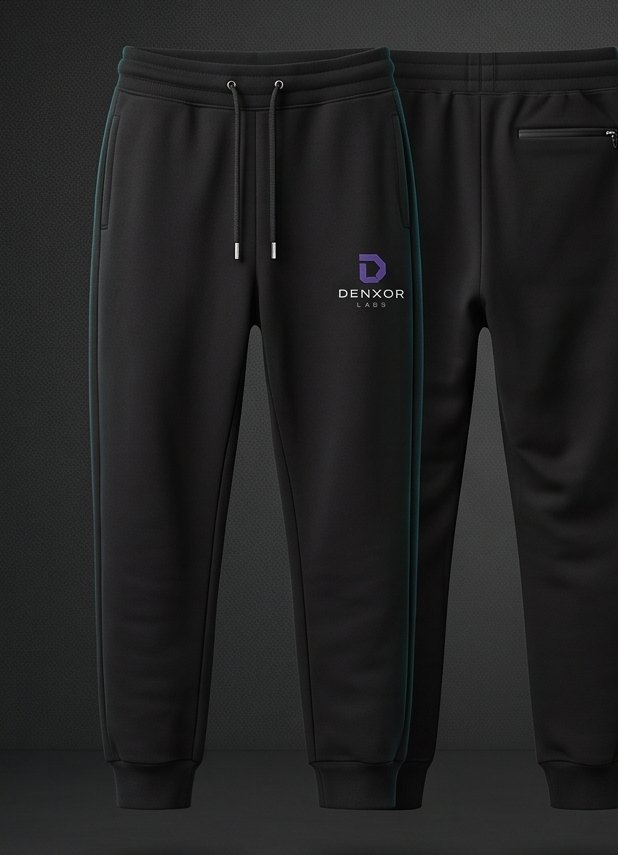 Concept mockup: black tapered joggers front and back, violet Denxor mark on the thigh