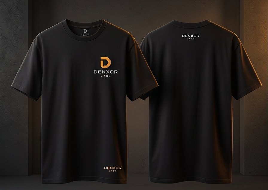 Concept mockup: black t-shirt with an amber Denxor mark on the chest