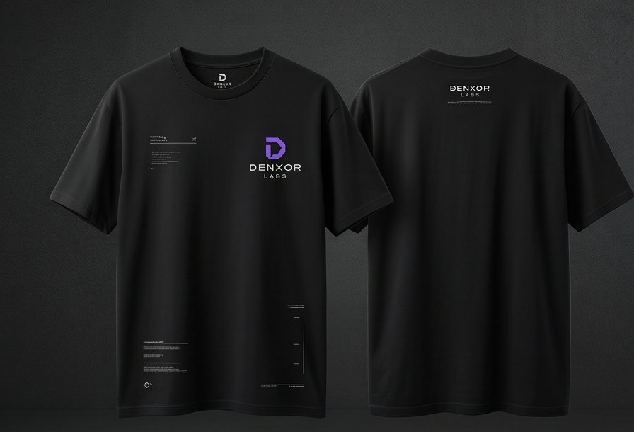 Concept mockup: black t-shirt front and back, violet Denxor mark on the chest