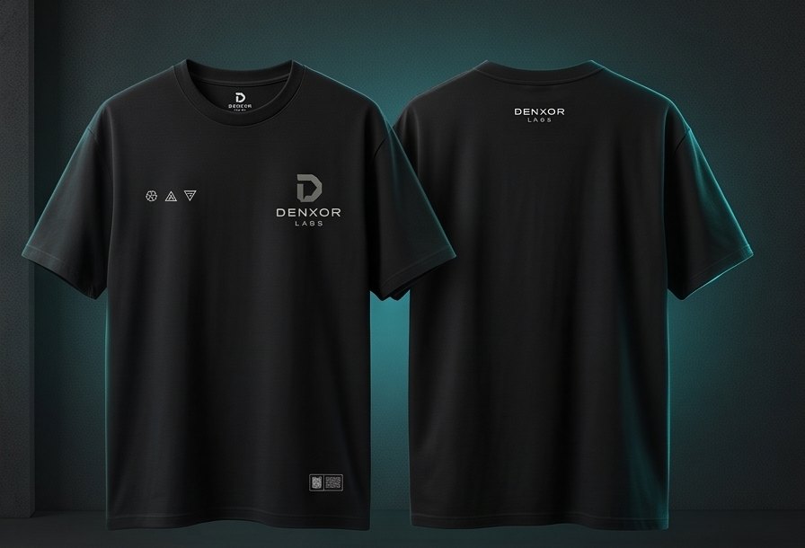 Concept mockup: black t-shirt with a grey D mark and three small geometric icons on the chest