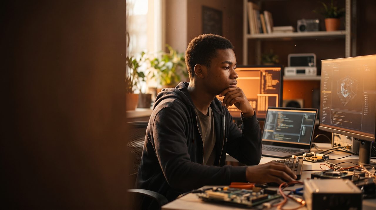 A person working at a desk with several screens and electronics