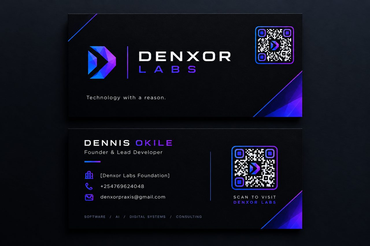 Denxor Labs business card concept, front and back