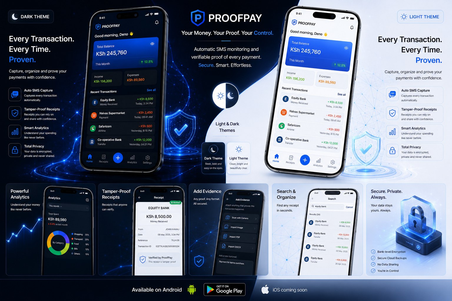 ProofPay dark and light theme — analytics, receipts, search, security and privacy