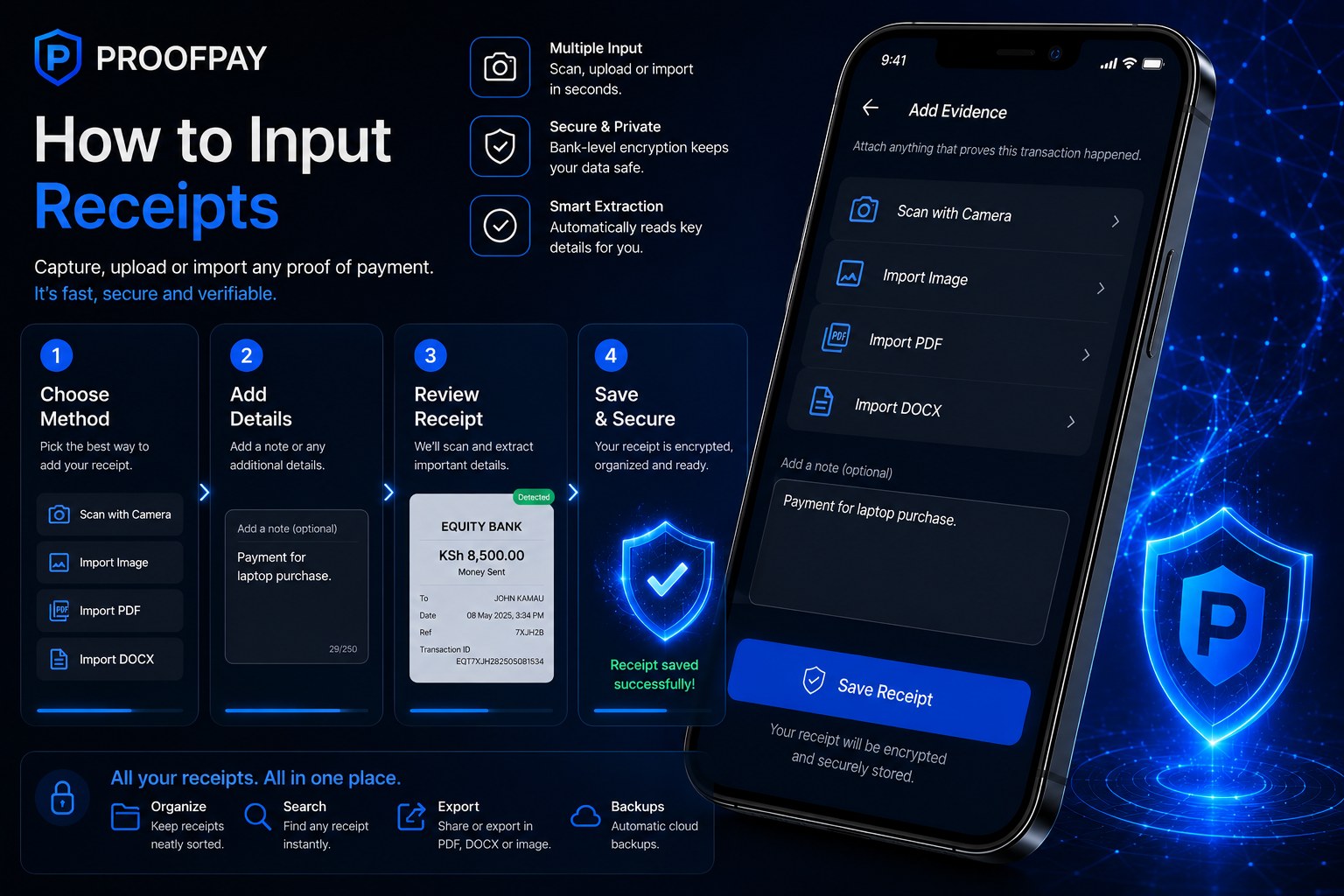 How to input receipts — scan, import image, PDF or DOCX, review, save